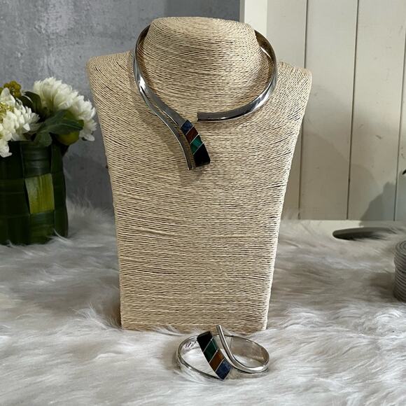 NEW TAXCO Mexico Vintage 925 Sterling Multi Stone Inlay Collar Necklace Bracelet - Picture 5 of 14